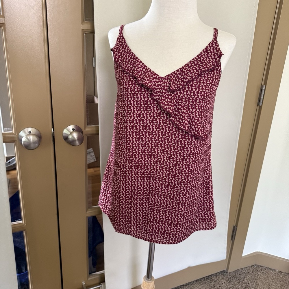 Cabi Womens XS Geometric Print Ruffle Trim Camisole Tank Top Blouse Style 4186
